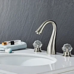 Widespread Bathroom Sink Mixer Faucet, 3 Hole 2 Crystal Handle Traditional Basin Taps Deck Mounted with Hot and Cold Hose, Vessel Water Tap