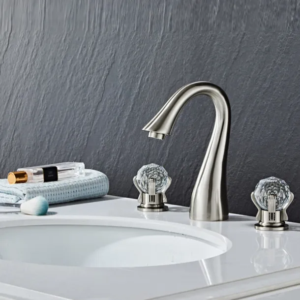 Widespread Bathroom Sink Mixer Faucet, 3 Hole 2 Crystal Handle Traditional Basin Taps Deck Mounted with Hot and Cold Hose, Vessel Water Tap