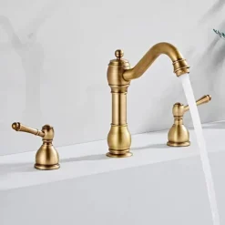 Widespread Bathroom Sink Mixer Faucet, 360° Swivel Brass 3 Hole 2 Handle Basin Tap Deck Mounted, Washroom Basin Vessel Water Tap with Hot and Cold Hose
