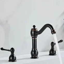 Widespread Bathroom Sink Mixer Faucet, 360° Swivel Brass 3 Hole 2 Handle Basin Tap Deck Mounted, Washroom Basin Vessel Water Tap with Hot and Cold Hose