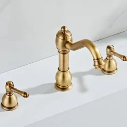 Widespread Bathroom Sink Mixer Faucet, 360° Swivel Brass 3 Hole 2 Handle Basin Tap Deck Mounted, Washroom Basin Vessel Water Tap with Hot and Cold Hose
