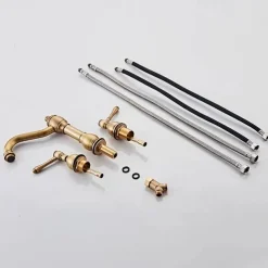 Widespread Bathroom Sink Mixer Faucet, 360° Swivel Brass 3 Hole 2 Handle Basin Tap Deck Mounted, Washroom Basin Vessel Water Tap with Hot and Cold Hose