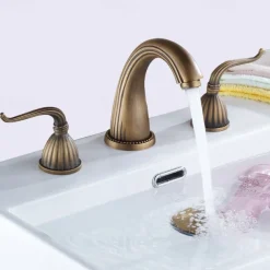 Widespread Bathroom Sink Mixer Faucet, Vintage Brass 3 Hole 2 Handles Basin Taps, Retro Style Bathroom Tap Contain with Cold and Hot Water Hose