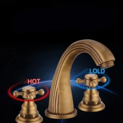 Widespread Bathroom Sink Mixer Faucet, Vintage Brass 3 Hole 2 Handles Basin Taps, Retro Style Bathroom Tap Contain with Cold and Hot Water Hose