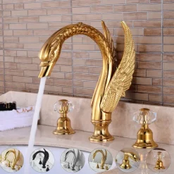 Widespread Bathroom Sink Mixer Faucet, 2 Handle 3 Holes Basin Taps Swan Noble Luxury Golden and Oil-rubbed Bronze Bath Taps