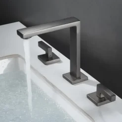 Widespread Bathroom Sink Mixer Faucet, 360 Swivel Brass 3 Hole 2 Handle Basin Tap Deck Mounted, Washroom Basin Vessel Water Tap with Hot and Cold Hose Black Chrome Golden White Grey