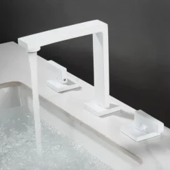 Widespread Bathroom Sink Mixer Faucet, 360 Swivel Brass 3 Hole 2 Handle Basin Tap Deck Mounted, Washroom Basin Vessel Water Tap with Hot and Cold Hose Black Chrome Golden White Grey