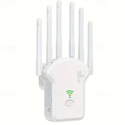 WiFi Extender WiFi Booster 6Times Stronger 300Mbps WiFi 2.485GHz Dual Band Strong WiFi SignalPenetration 35 Devices 4 Modes 1-Tap Settings 6 Antennas 360 FullCoverage Support Ethernet Port