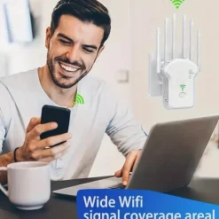 WiFi Extender WiFi Booster 6Times Stronger 300Mbps WiFi 2.485GHz Dual Band Strong WiFi SignalPenetration 35 Devices 4 Modes 1-Tap Settings 6 Antennas 360 FullCoverage Support Ethernet Port
