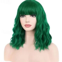Wig for Women Girls Short Curly Wig Synthetic Wig with Bangs Lake Blue Wig Halloween Cosplay Party Wigs