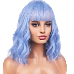 Wig for Women Girls Short Curly Wig Synthetic Wig with Bangs Lake Blue Wig Halloween Cosplay Party Wigs