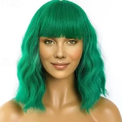 Wig Short Bob Wigs with Bangs for Women Loose Wavy Hair Shoulder Length Wig Synthetic Colorful Wigs Halloween Cosplay Party Wigs
