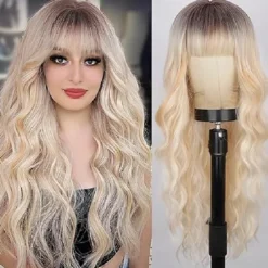 Wig With Bangs Long Wavy Wig For Women Wigs Synthetic Curly wig Natural Looking Heat Resistant Hair For Daily Party Cosplay Use 26 Inches Halloween Wigs