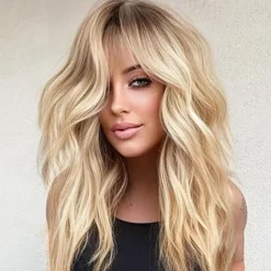 Wig with Bangs Wavy Wigs for Women Shoulder Length Curly Synthetic Hair Wig for Party Daily Use