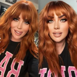 Wig with Bangs Wavy Wigs for Women Shoulder Length Curly Synthetic Hair Wig for Party Daily Use
