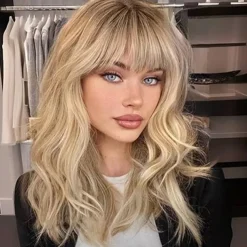 Wig with Bangs Wavy Wigs for Women Shoulder Length Curly Synthetic Hair Wig for Party Daily Use