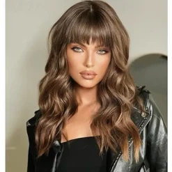 Wig with Bangs Wavy Wigs for Women Shoulder Length Curly Synthetic Hair Wig for Party Daily Use