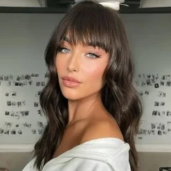 Wig with Bangs Wavy Wigs for Women Shoulder Length Curly Synthetic Hair Wig for Party Daily Use