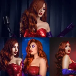 Wigs for Jessica Rabbit Costume Copper Red Mermaid Long Wavy Wigs for Women Halloween Party Daily Use