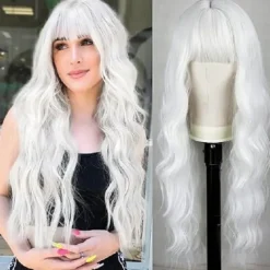Wigs with Bangs Long Wavy Wig for Women Wigs with Bangs Synthetic Heat Resistant Fiber Wigs Halloween Cosplay Party Wigs