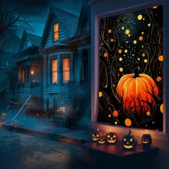 Window Cover Decorations, Fabric Folk Art Pumpkins Curtain Horror Movie Poster Window Door Covering Decor for Haunted House, Window Clings Decals Indoor Outdoor