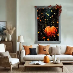 Window Cover Decorations, Fabric Folk Art Pumpkins Curtain Horror Movie Poster Window Door Covering Decor for Haunted House, Window Clings Decals Indoor Outdoor