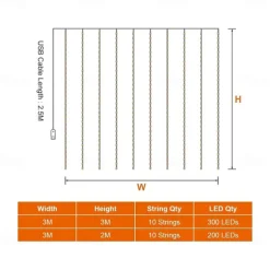 Window Curtain String Light 3x2M Outdoor Wedding Decorating Window Lights 200 LED 8 Lighting Modes for Bedroom Party Wedding Home Indoor Outdoor Waterproof