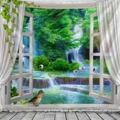 Window Landscape Large Wall Tapestry Art Decor Blanket Curtain Hanging Home Bedroom Living Room Decoration Waterfall Bird Crane