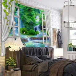 Window Landscape Large Wall Tapestry Art Decor Blanket Curtain Hanging Home Bedroom Living Room Decoration Waterfall Bird Crane