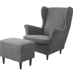 Wing Chair Cover Set, Include Stretch Wingback Chair Slipcover and Ottoman Cover,Burgundy Red Jacquard Wing Back Chair Cover Removable Machine Washable Armchair Chair Cover for Strandmon Chair