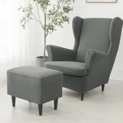 Wing Chair Cover Set, Include Stretch Wingback Chair Slipcover and Ottoman Cover,Burgundy Red Jacquard Wing Back Chair Cover Removable Machine Washable Armchair Chair Cover for Strandmon Chair