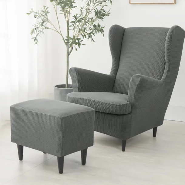 Wing Chair Cover Set, Include Stretch Wingback Chair Slipcover and Ottoman Cover,Burgundy Red Jacquard Wing Back Chair Cover Removable Machine Washable Armchair Chair Cover for Strandmon Chair