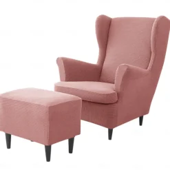 Wing Chair Cover Set, Include Stretch Wingback Chair Slipcover and Ottoman Cover,Burgundy Red Jacquard Wing Back Chair Cover Removable Machine Washable Armchair Chair Cover for Strandmon Chair