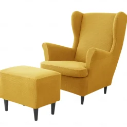 Wing Chair Cover Set, Include Stretch Wingback Chair Slipcover and Ottoman Cover,Burgundy Red Jacquard Wing Back Chair Cover Removable Machine Washable Armchair Chair Cover for Strandmon Chair