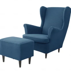 Wing Chair Cover Set, Include Stretch Wingback Chair Slipcover and Ottoman Cover,Burgundy Red Jacquard Wing Back Chair Cover Removable Machine Washable Armchair Chair Cover for Strandmon Chair