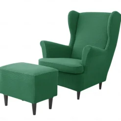 Wing Chair Cover Set, Include Stretch Wingback Chair Slipcover and Ottoman Cover,Burgundy Red Jacquard Wing Back Chair Cover Removable Machine Washable Armchair Chair Cover for Strandmon Chair