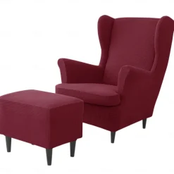 Wing Chair Cover Set, Include Stretch Wingback Chair Slipcover and Ottoman Cover,Burgundy Red Jacquard Wing Back Chair Cover Removable Machine Washable Armchair Chair Cover for Strandmon Chair
