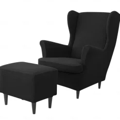 Wing Chair Cover Set, Include Stretch Wingback Chair Slipcover and Ottoman Cover,Burgundy Red Jacquard Wing Back Chair Cover Removable Machine Washable Armchair Chair Cover for Strandmon Chair