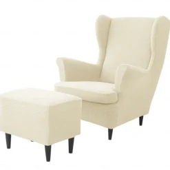 Wing Chair Cover Set, Include Stretch Wingback Chair Slipcover and Ottoman Cover,Burgundy Red Jacquard Wing Back Chair Cover Removable Machine Washable Armchair Chair Cover for Strandmon Chair