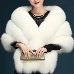 Winter Faux Fur Long Shawl Cloak Stretchy Satin Glove Opera Bridal Dance Gloves for Women Wedding Dress Party Coat