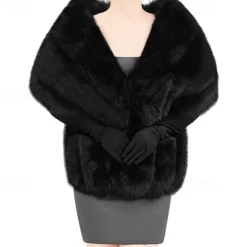 Winter Faux Fur Long Shawl Cloak Stretchy Satin Glove Opera Bridal Dance Gloves for Women Wedding Dress Party Coat