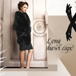 Winter Faux Fur Long Shawl Cloak Stretchy Satin Glove Opera Bridal Dance Gloves for Women Wedding Dress Party Coat