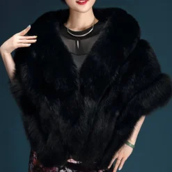 Winter Faux Fur Long Shawl Cloak Stretchy Satin Glove Opera Bridal Dance Gloves for Women Wedding Dress Party Coat