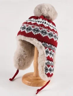 Winter Knitted Trapper Hat with Pom-Pom and Faux Fur Lining - Warm Ear Flap Beanie for Women