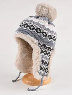 Winter Knitted Trapper Hat with Pom-Pom and Faux Fur Lining - Warm Ear Flap Beanie for Women