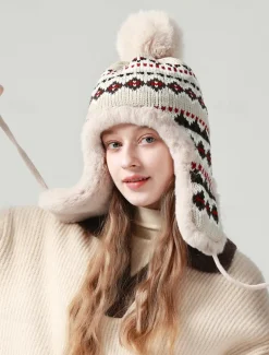 Winter Knitted Trapper Hat with Pom-Pom and Faux Fur Lining - Warm Ear Flap Beanie for Women