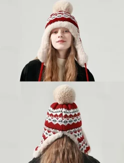 Winter Knitted Trapper Hat with Pom-Pom and Faux Fur Lining - Warm Ear Flap Beanie for Women