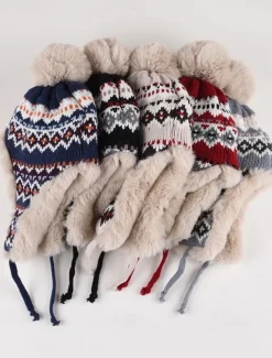 Winter Knitted Trapper Hat with Pom-Pom and Faux Fur Lining - Warm Ear Flap Beanie for Women