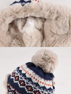 Winter Knitted Trapper Hat with Pom-Pom and Faux Fur Lining - Warm Ear Flap Beanie for Women