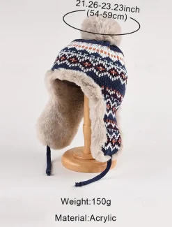 Winter Knitted Trapper Hat with Pom-Pom and Faux Fur Lining - Warm Ear Flap Beanie for Women